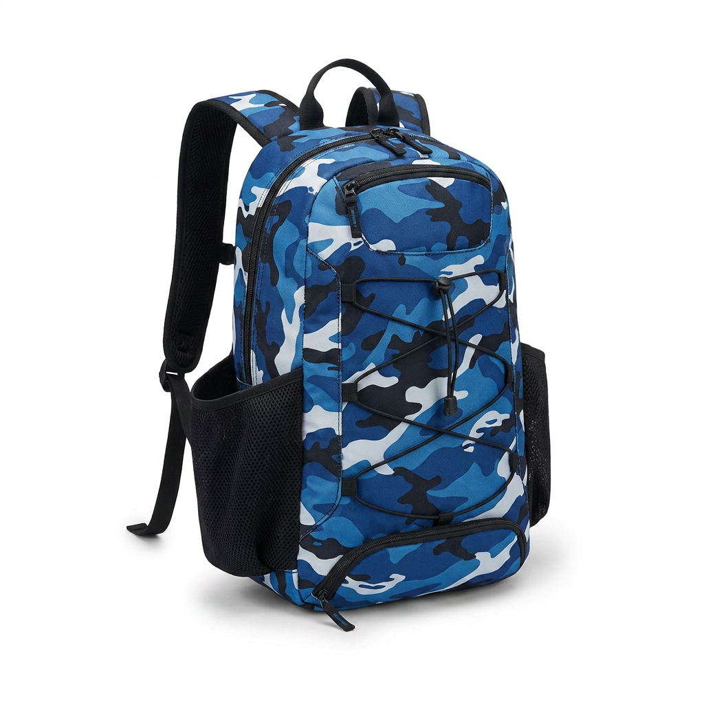 A photorealistic studio photo of the Bugatti K&B Sport Junior Tremblant boot backpack in blue camouflage, angled to the left on a pure white background with a soft shadow.