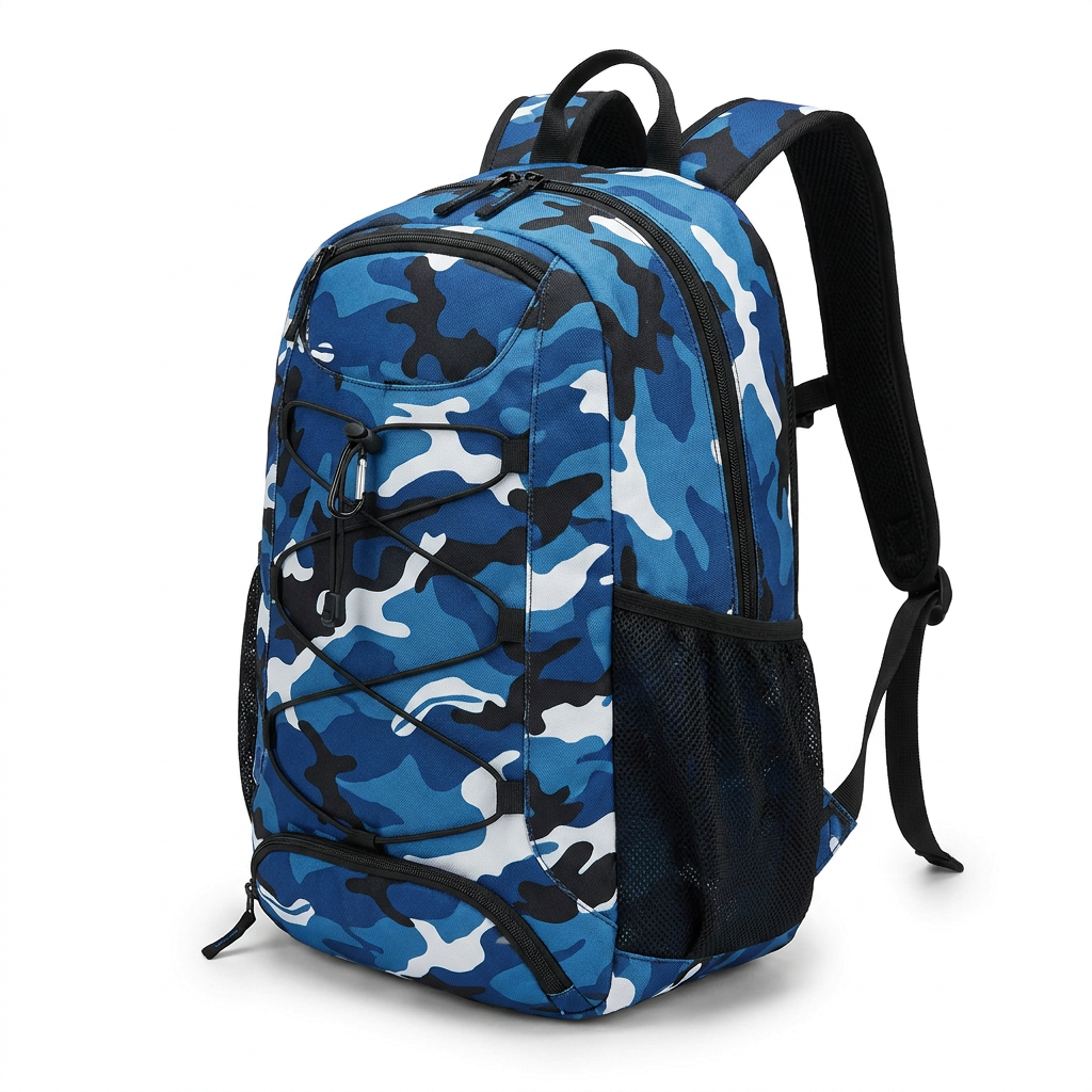 A photorealistic studio product photograph of the blue camouflage Bugatti K&B Sport Junior Tremblant Boot Backpack, angled to show its right side on a white background.