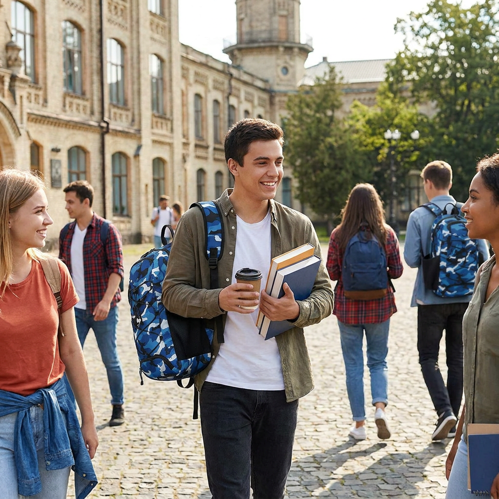 A university student smiles while wearing the blue camo Bugatti backpack, holding books on a busy campus.