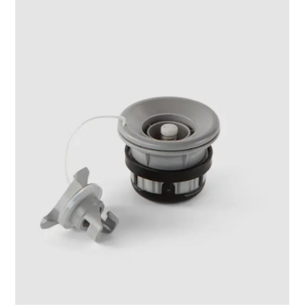 Grey and black PVC Hulkey-Roberts (HR) air valve for paddle boards with attached screw cap.