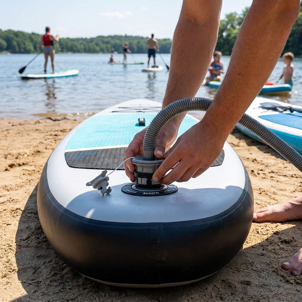 A person is shown inflating a paddle board using the Bugatti K&B Sport Paddle Board Air Valve on a sunny beach.