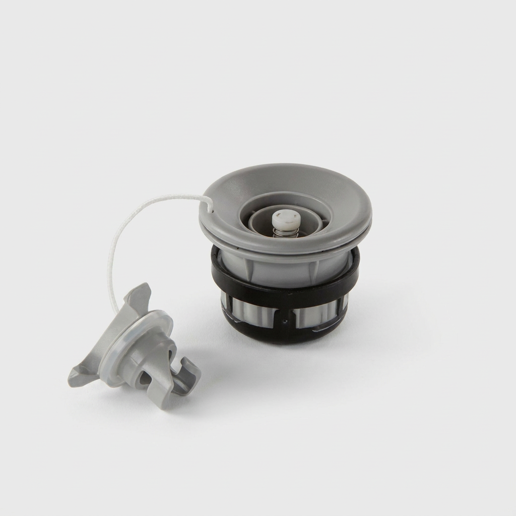 A photorealistic studio product photograph of the grey and black Bugatti K&B Sport paddle board air valve and cap on a pure white background.