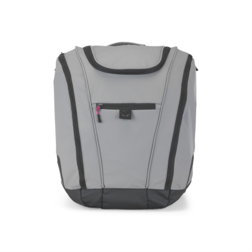 Grey K&B Sport Panorama 65L ski boot backpack with black zippers and pink detail.