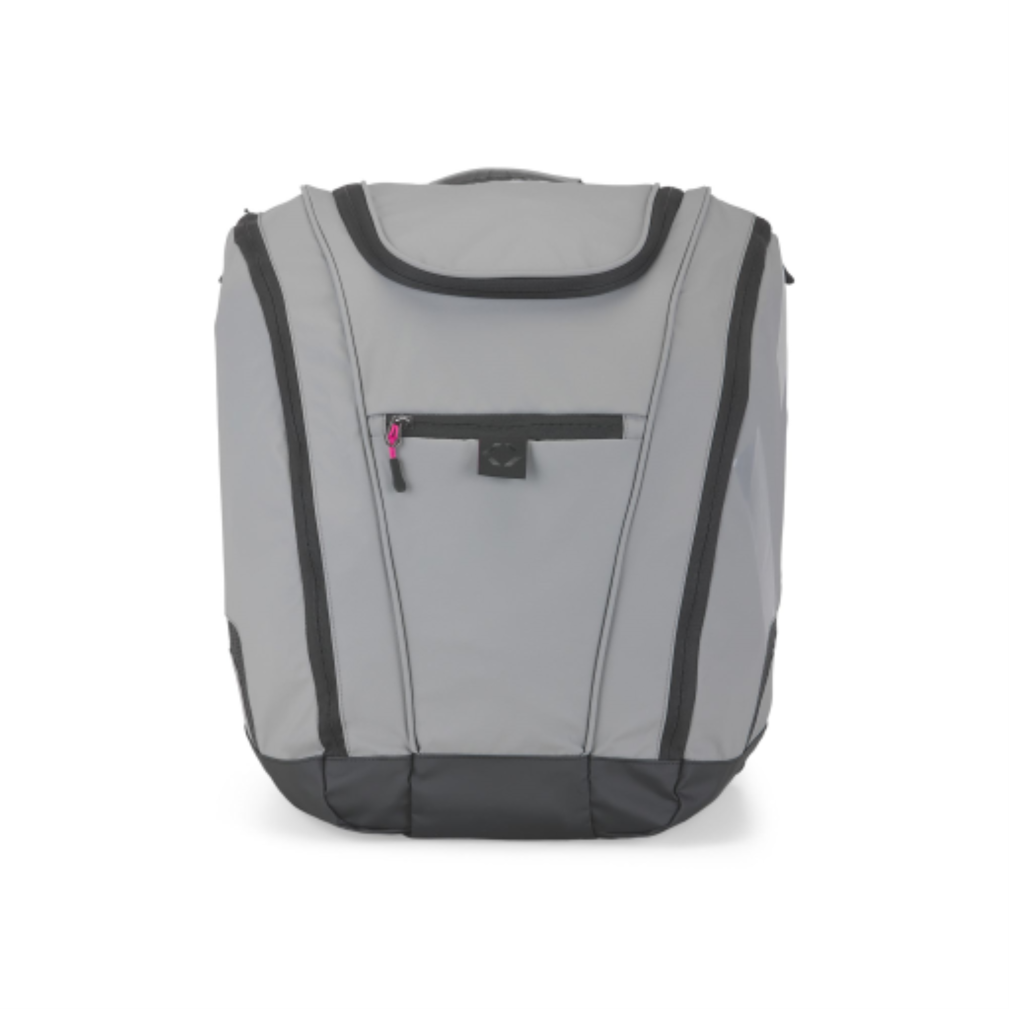 Grey K&B Sport Panorama 65L ski boot backpack with black zippers and pink detail.