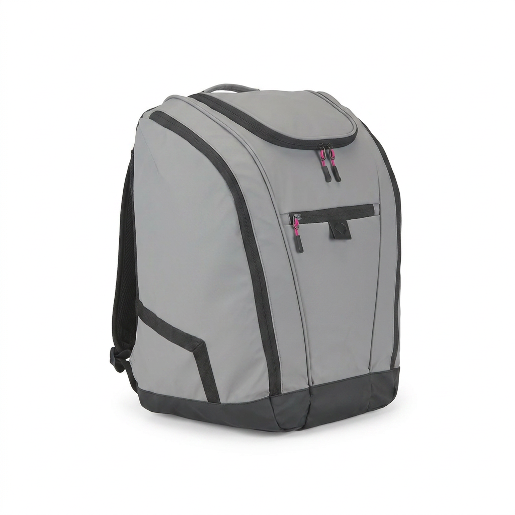 A photorealistic studio product shot of the grey Bugatti K&B Sport Panorama Boot Backpack, angled to show the left side and front. The backpack is centered on a pure white background with a soft natural shadow.