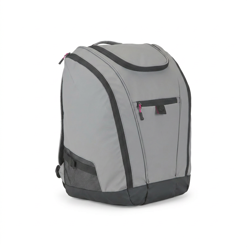 A photorealistic studio product photo of the grey Bugatti Panorama Boot Backpack, angled to show its right side.