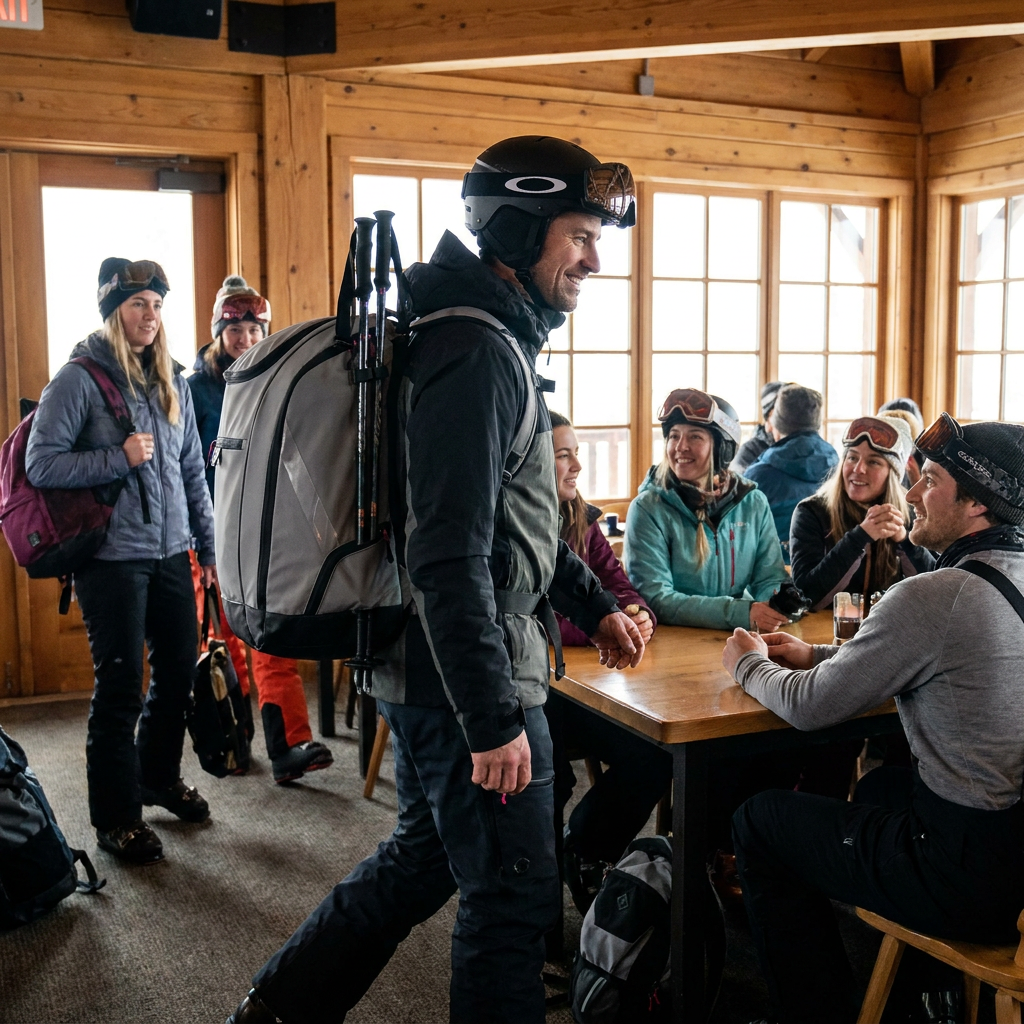 A man walks through a crowded ski lodge, wearing the grey Bugatti boot backpack on his back with skis attached. Natural light fills the room, and people are socializing at tables, creating a warm, popular atmosphere.