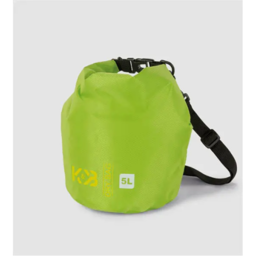 Bolet 5L bright green waterproof dry bag with rollover top, black buckle, and shoulder strap.