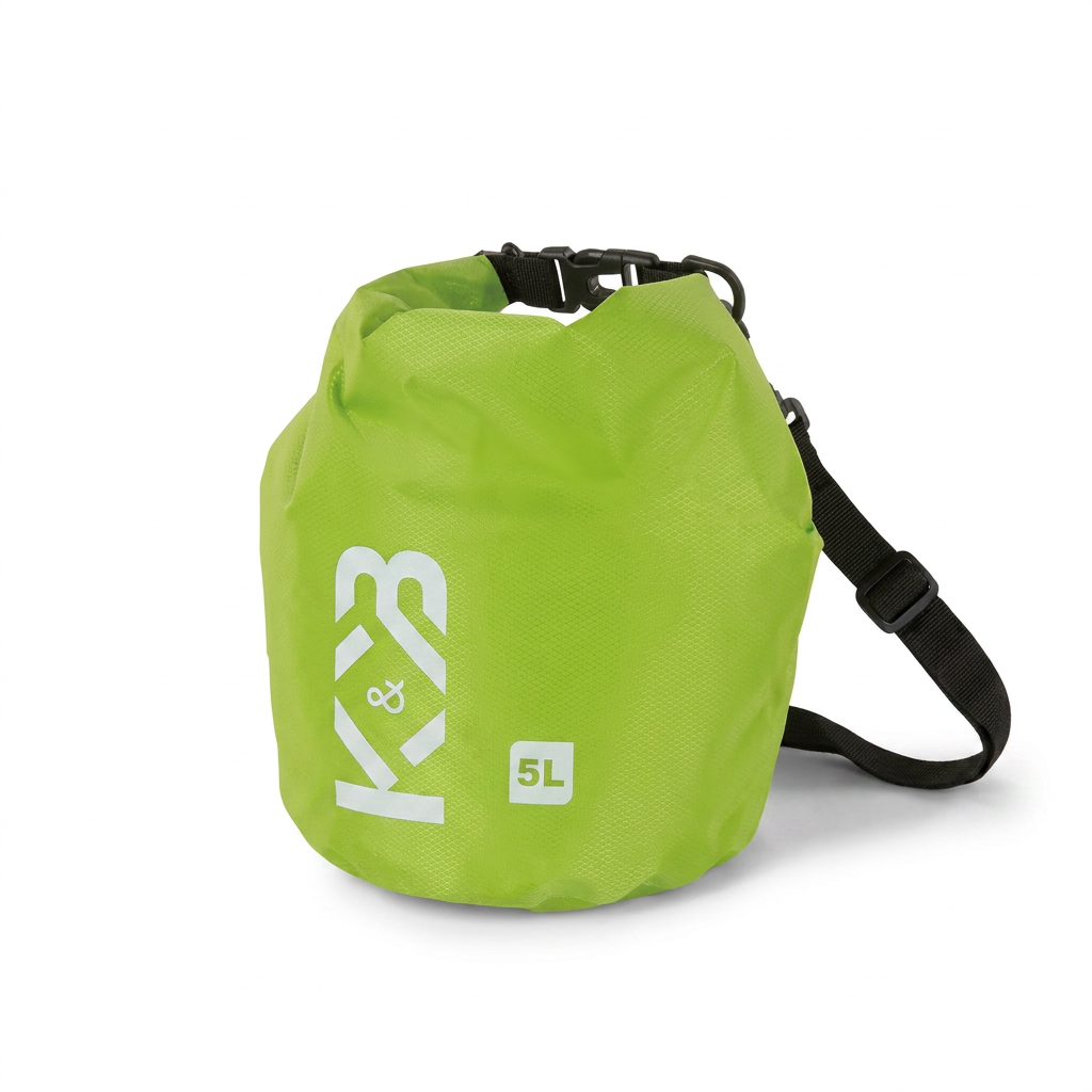 Photorealistic studio product photo of the lime green Bugatti K&B Sport Bolet Dry bag 5L on a pure white background, angled to the left.