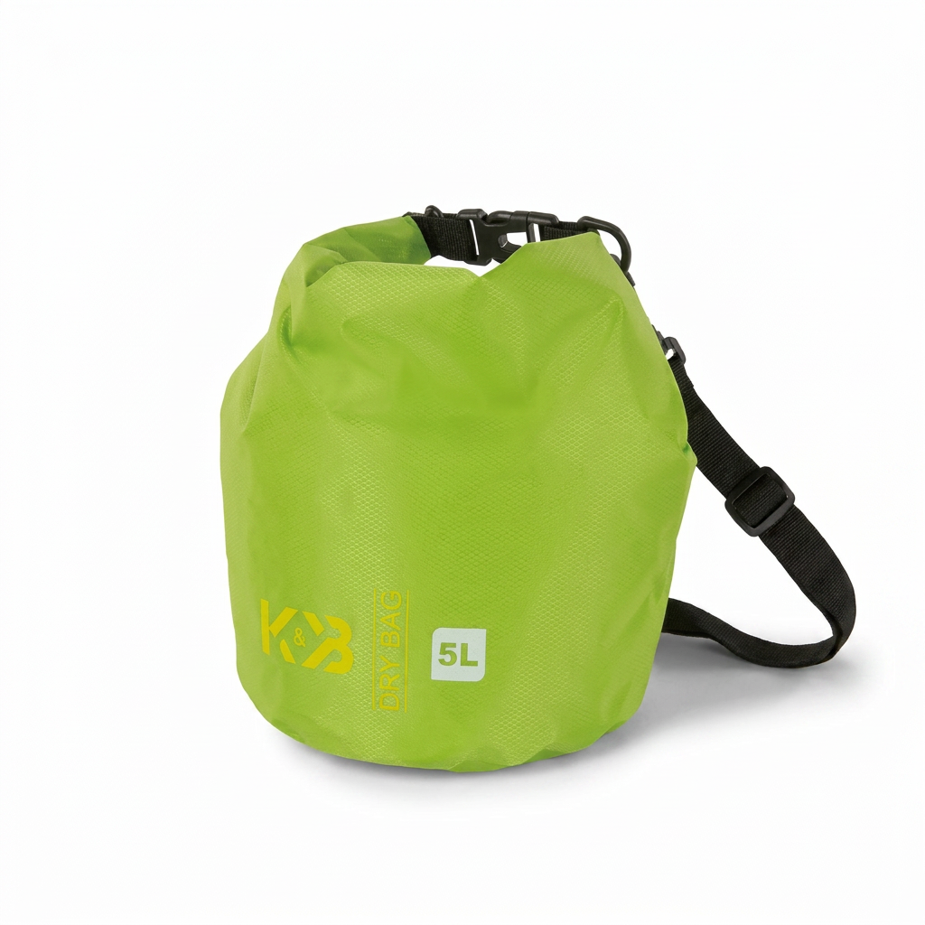A studio product photograph of the lime green Bugatti K&B Sport 5L dry bag, angled right on a pure white background with a soft shadow.