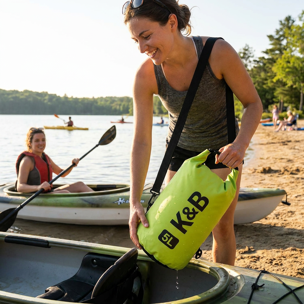 A woman on a sunny lake beach smiles while removing the green Bugatti K&B Sport Bolet Dry bag 5L from a kayak, showing it in use.
