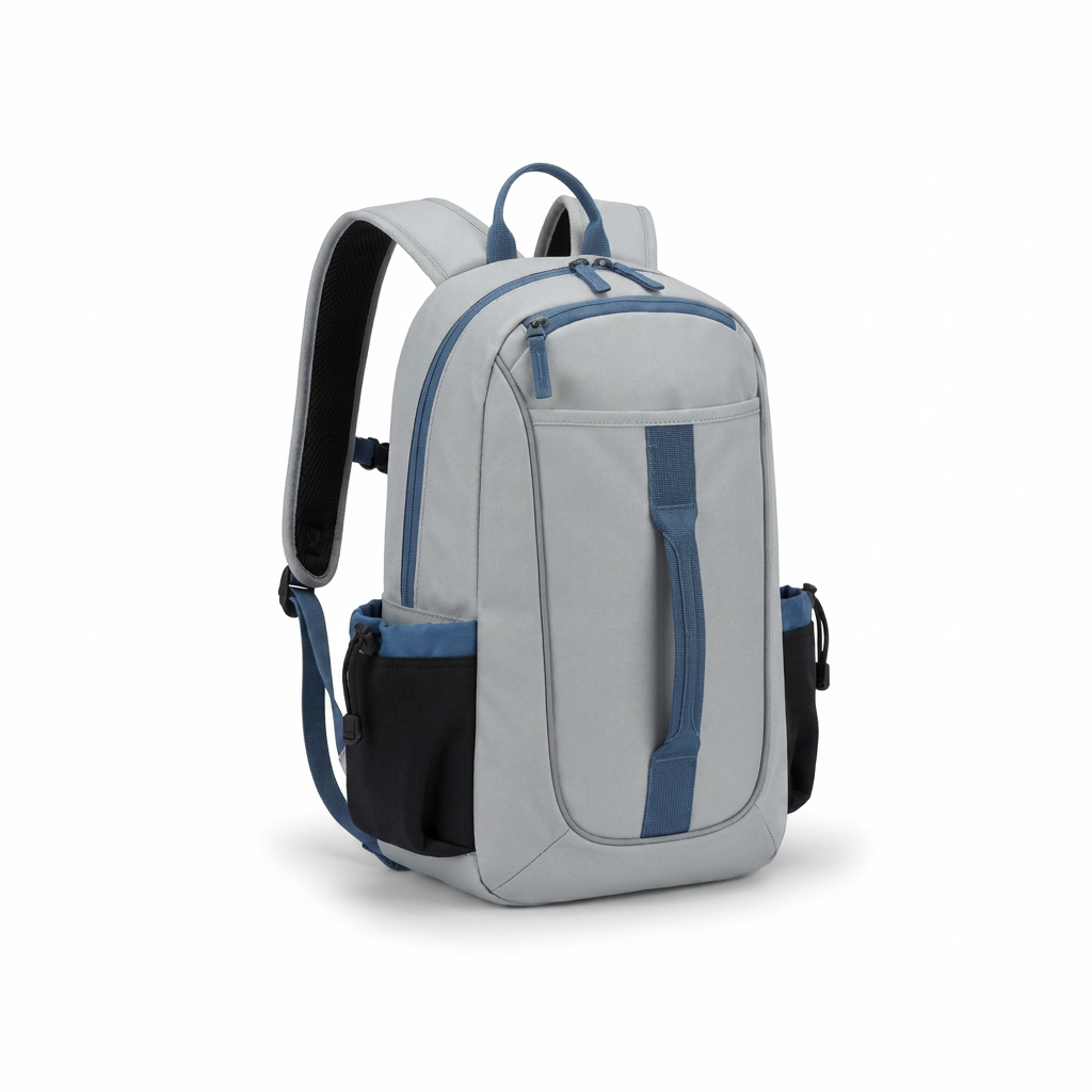 A photorealistic studio product photo of the Bugatti K&B Sport Junior Slick Boot Pack in Light Grey and Blue, angled left on a pure white background with a soft shadow.