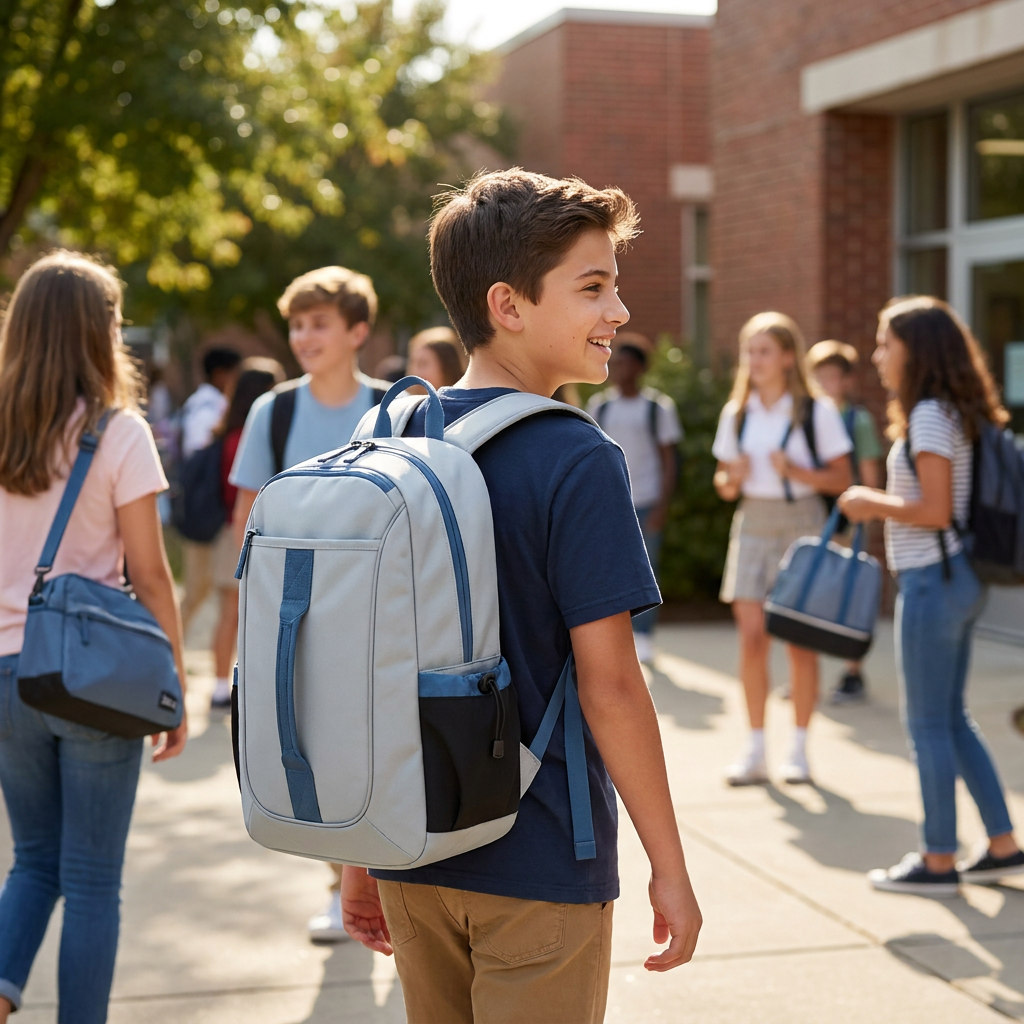 A smiling student looks back while walking toward a school building, wearing the Bugatti K&B Sport Junior Slick Boot Pack. The scene is bright and sunny, filled with other students.