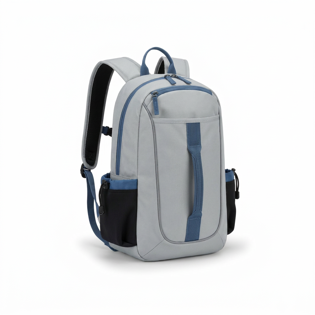 A photorealistic studio image showing the right side of the light grey and blue Bugatti Junior Slick Boot Pack backpack on a white background.