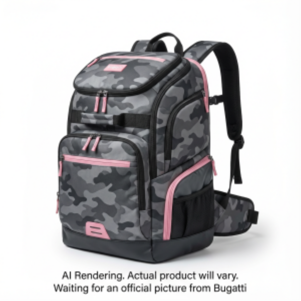 Bugatti Junior Copper Sport Backpack in grey camouflage with pink zippers and accents.