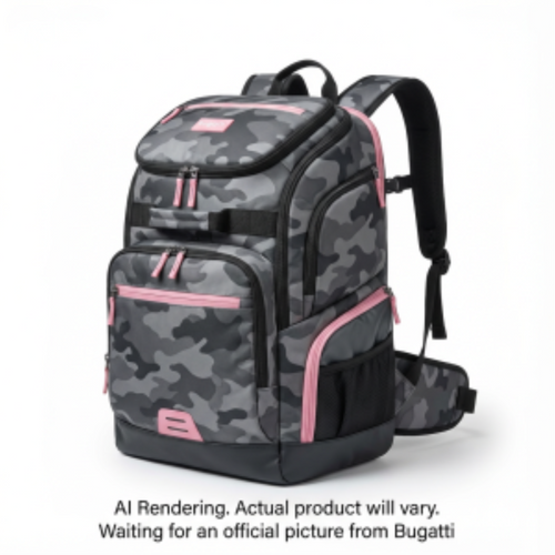 Bugatti Junior Copper Sport Backpack in grey camouflage with pink zippers and accents.