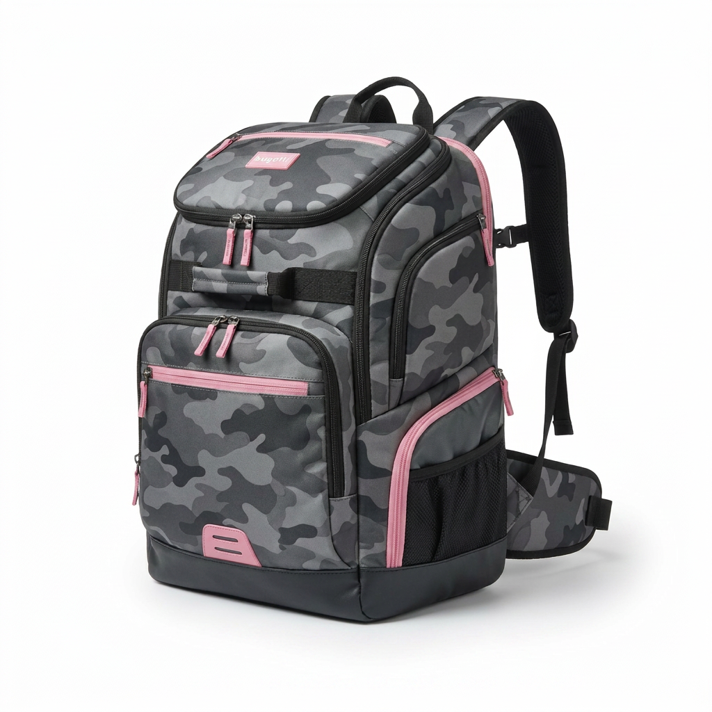 A photorealistic studio product shot of the Bugatti K&B Sport Junior Copper Backpack in grey camouflage with pink zippers and accents. The bag is angled to show the left side and front on a pure white background with a soft natural shadow.