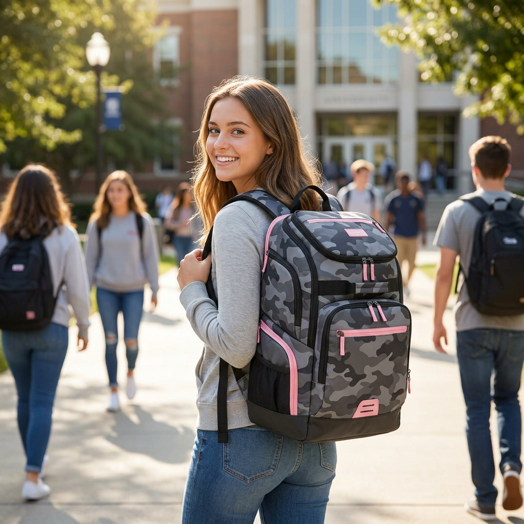 A young woman smiles over her shoulder on a sunny university campus, wearing the Bugatti K&B Sport Junior Copper Backpack in grey camo with pink details.