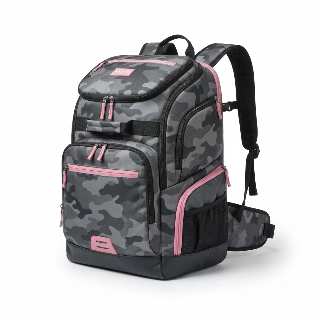 A photorealistic studio photo of the Bugatti K&B Sport Junior Copper Backpack in grey camo and pink, angled right on a white background with a soft shadow.