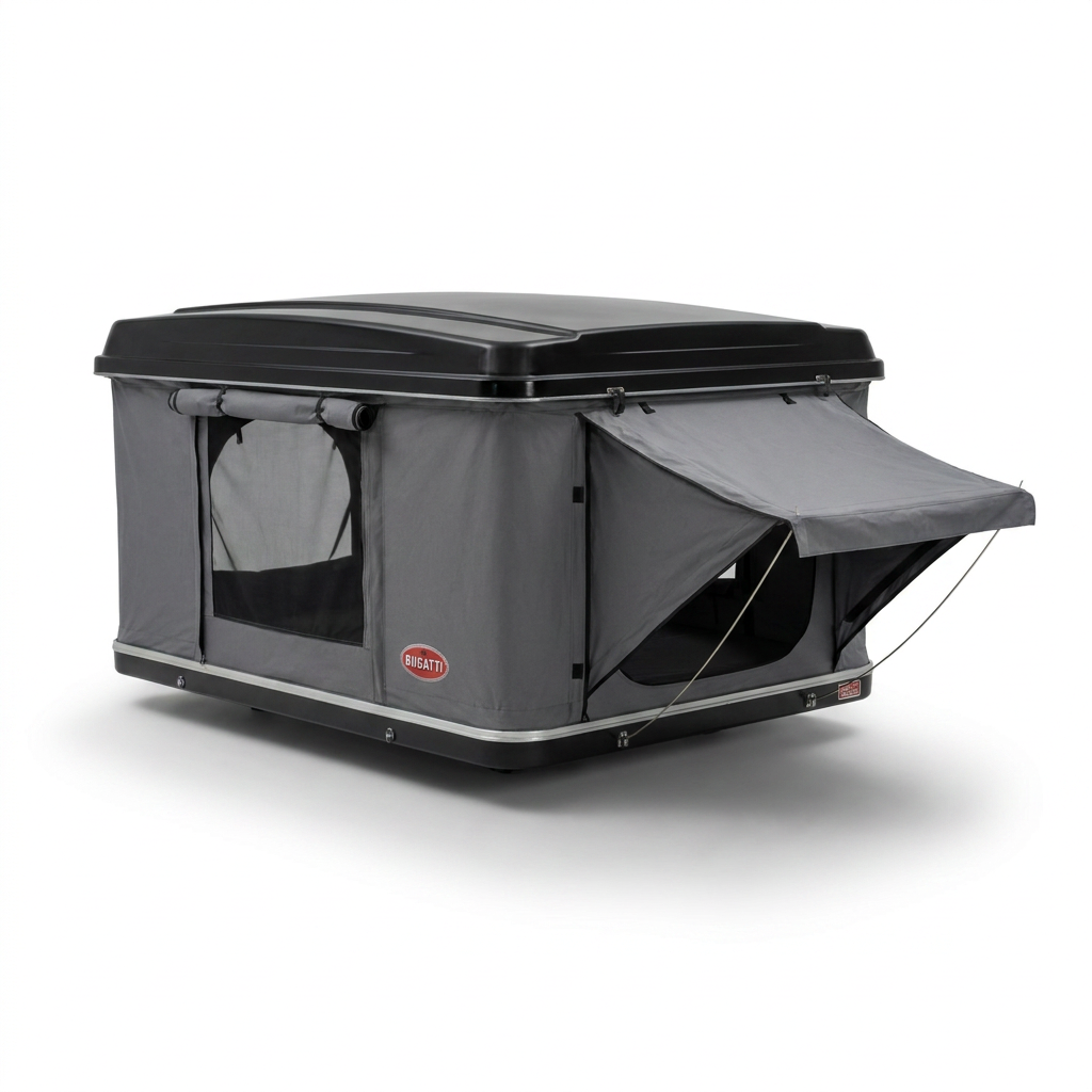 A studio product photograph of the Bugatti K&B Sport rooftop tent, featuring grey canvas and a black hard shell, angled on a pure white background with a soft shadow.