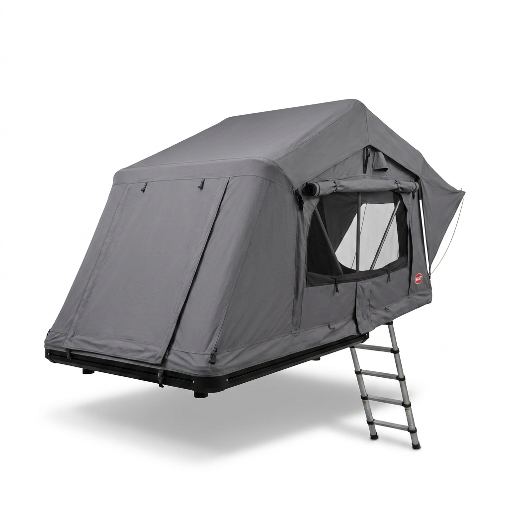 A studio product photo of the Bugatti K&B Sport rooftop tent in grey, angled to the right on a white background