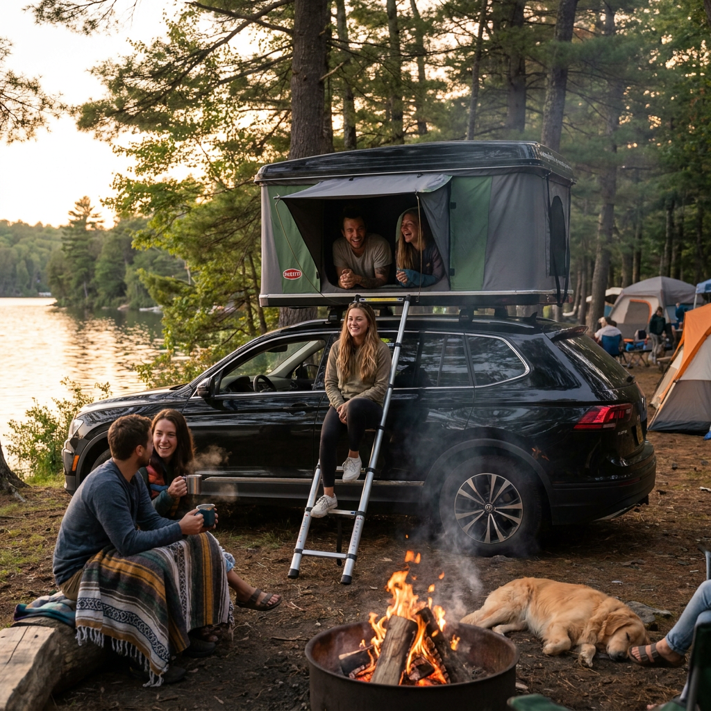 A photorealistic lifestyle photo showing a group of friends camping by a lake at sunset, with the Bugatti K&B Sport - The Suite by Room 1916 - Green roof top tent deployed on a black SUV and several people using it.