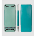 Front, side, and back views of a K&B Sport teal 8x3ft inflatable floating water dock and yoga mat.