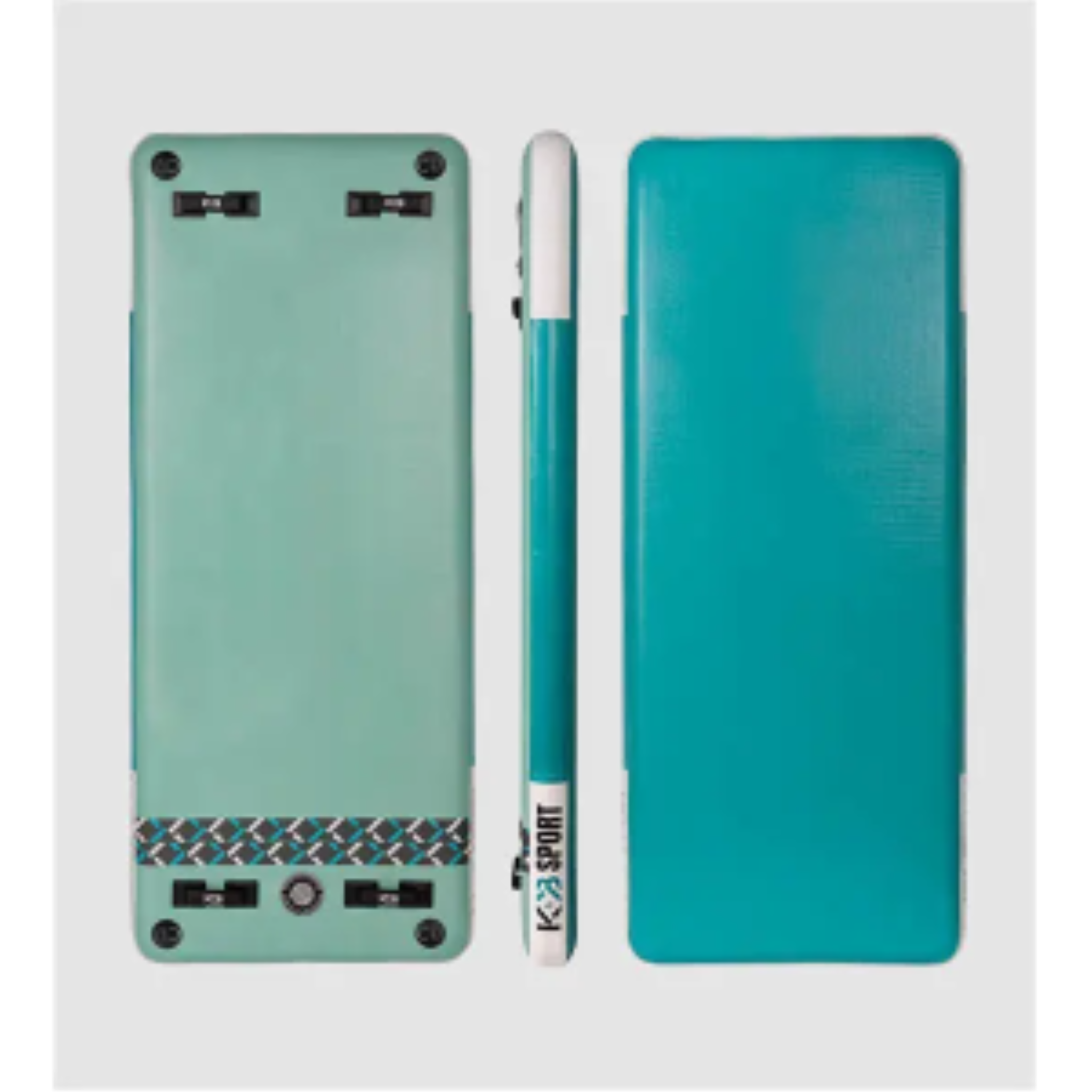 Front, side, and back views of a K&B Sport teal 8x3ft inflatable floating water dock and yoga mat.