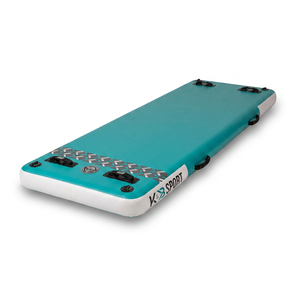 A studio product photograph of the teal and white Bugatti K&B Sport inflatable dock, angled to show its side and logo on a white background with a soft shadow.