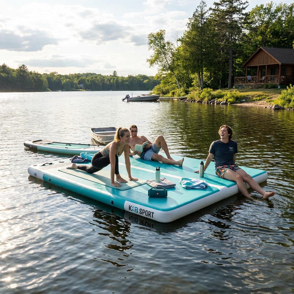 People relaxing and doing yoga on the K&B Sport inflatable floating dock on a lake in a lifestyle photo.