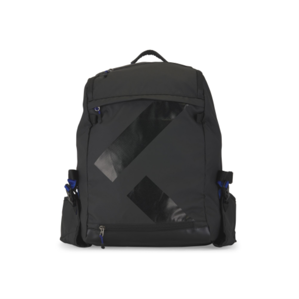 Black K&B Sport Canmore 45L ski boot backpack with shiny diagonal accents and blue zipper details.