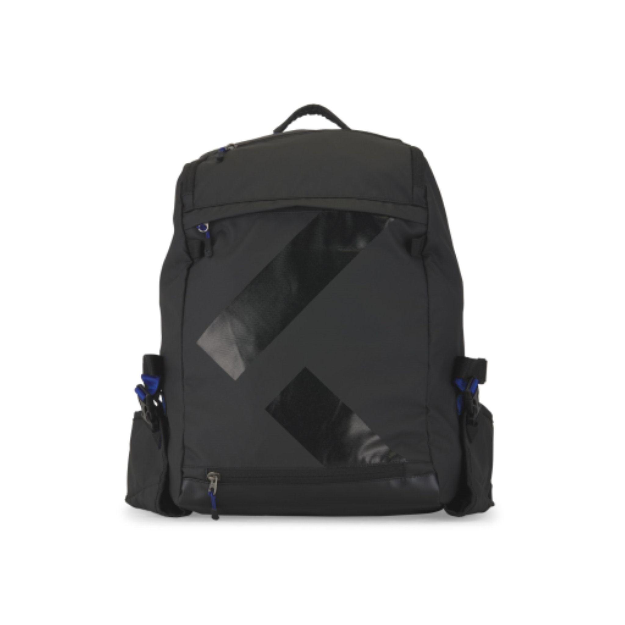 Black K&B Sport Canmore 45L ski boot backpack with shiny diagonal accents and blue zipper details.