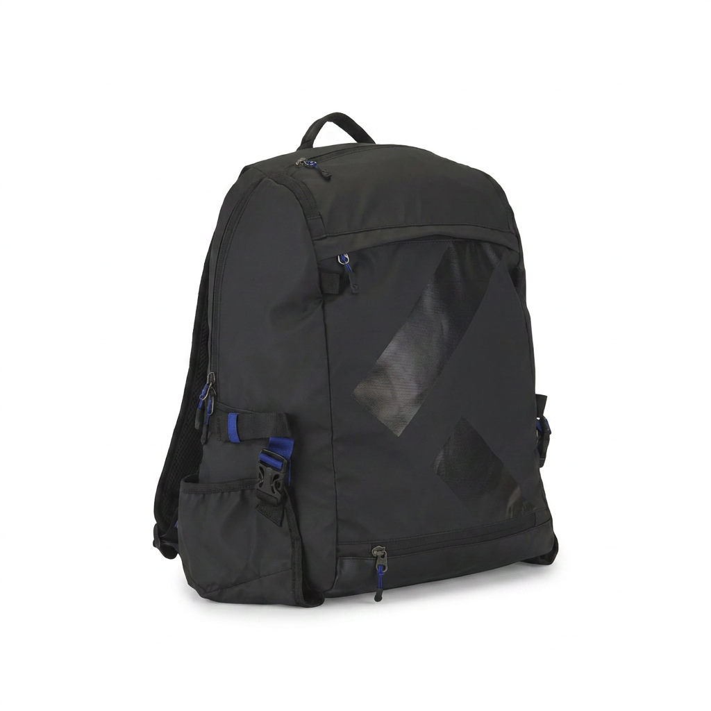 A studio photograph of the black Bugatti K&B Sport Canmore Boot Backpack, angled to show the left side with blue details, on a pure white background with a soft shadow.