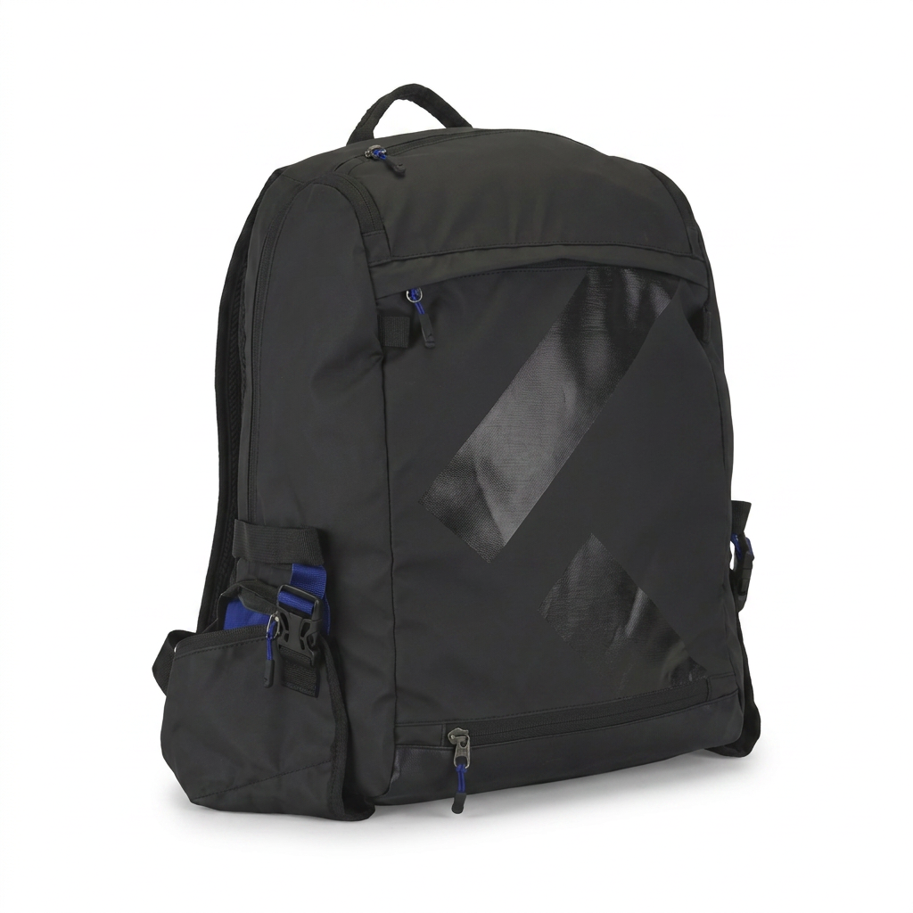 A photorealistic studio product photo of the black Bugatti K&B Sport Canmore Boot Backpack, angled to show its right side, on a pure white background with a soft natural shadow.
