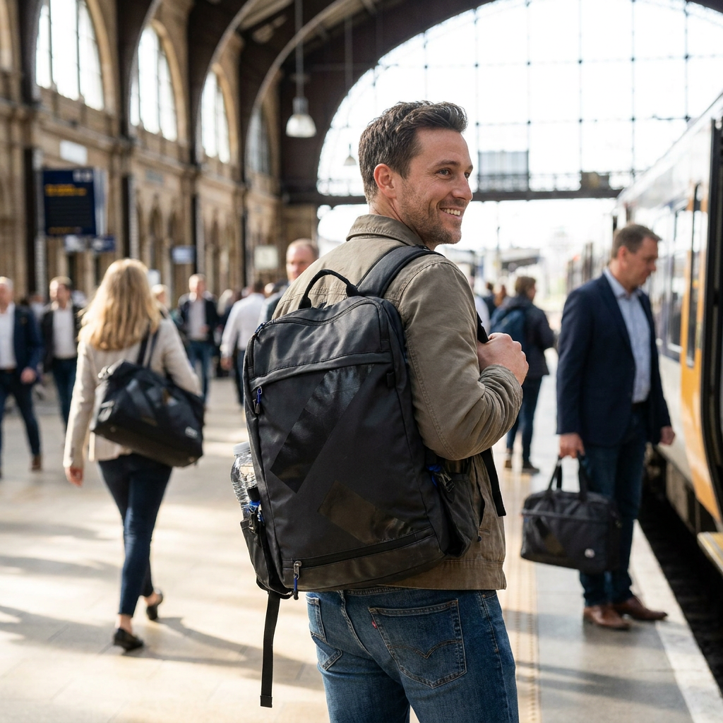 A man at a train station happily wearing the black Bugatti Canmore boot backpack with its distinct design.