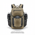 Khaki K&B Sport Tremblant Boot Backpack holding a helmet and ski boots in heavy-duty gear pockets.