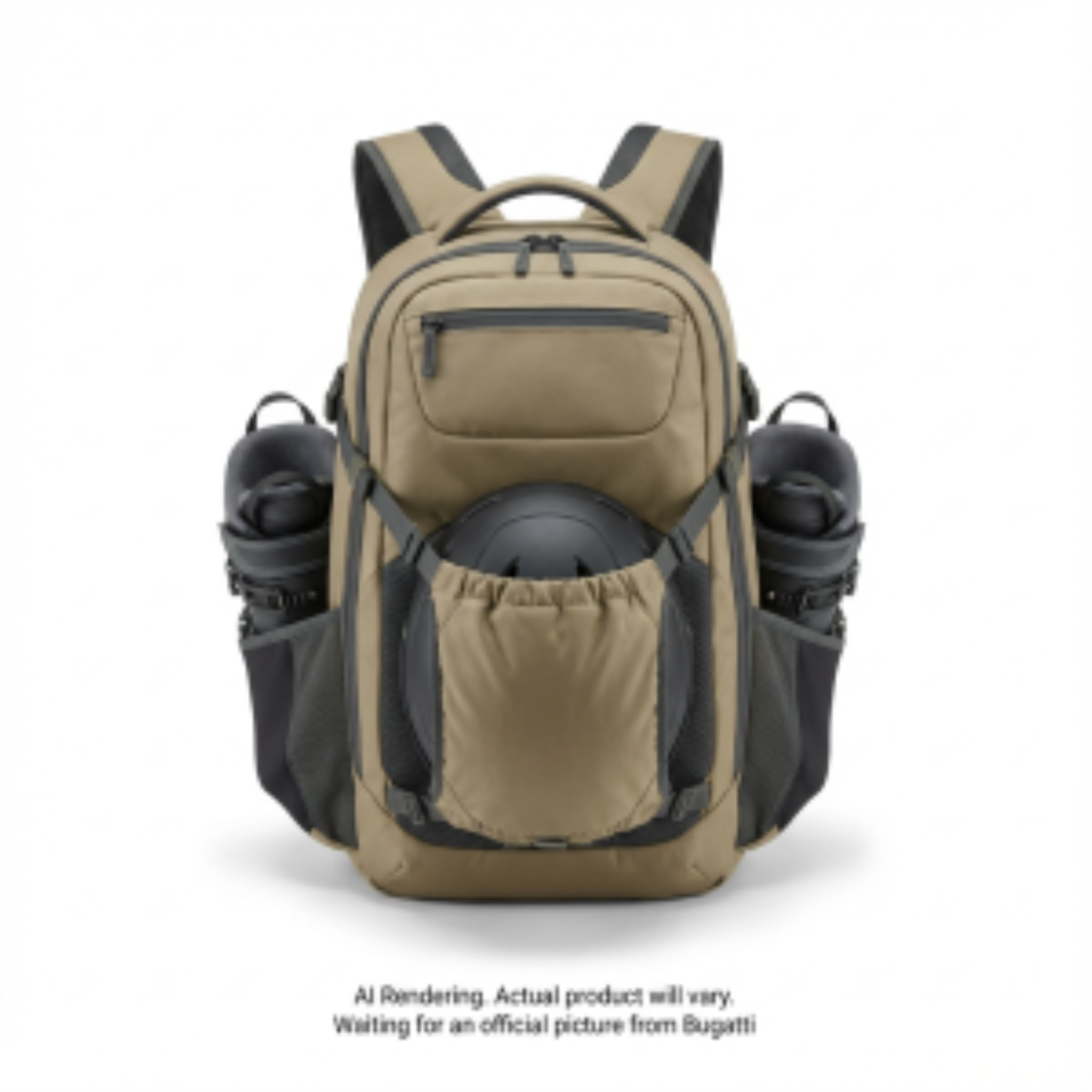 Khaki K&B Sport Tremblant Boot Backpack holding a helmet and ski boots in heavy-duty gear pockets.