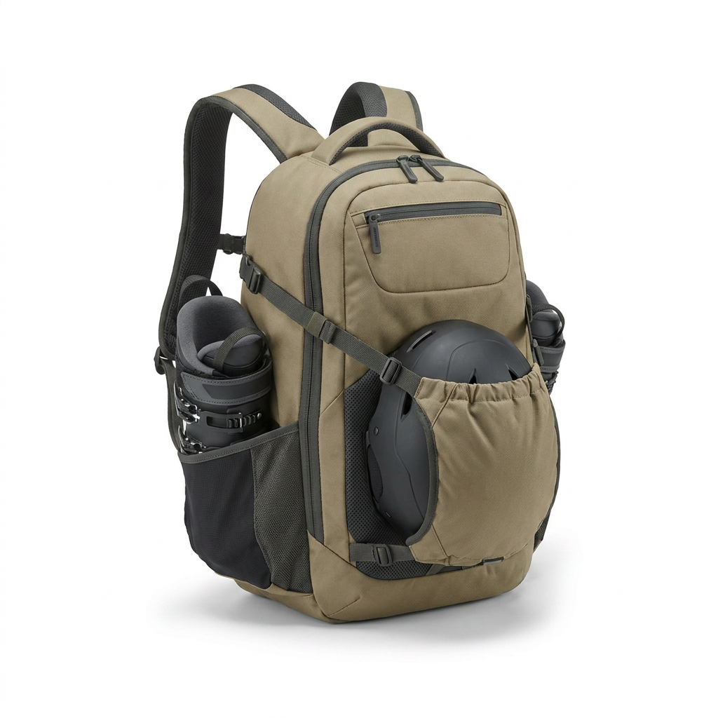 A photorealistic studio product photo capturing the khaki Bugatti Boot Backpack with ski boots and helmet from the left side on a pure white background.