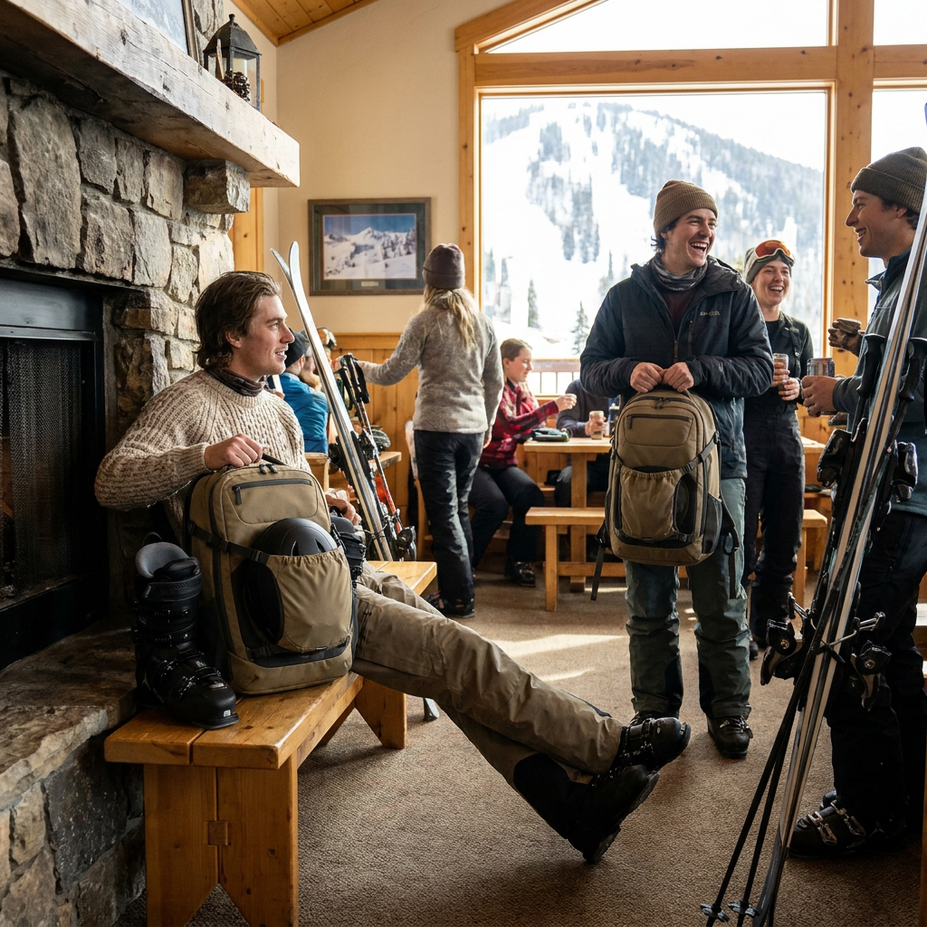 A man relaxing in a rustic ski lodge by a fireplace, holding the khaki Bugatti boot backpack, which is also held by another skier in the group.