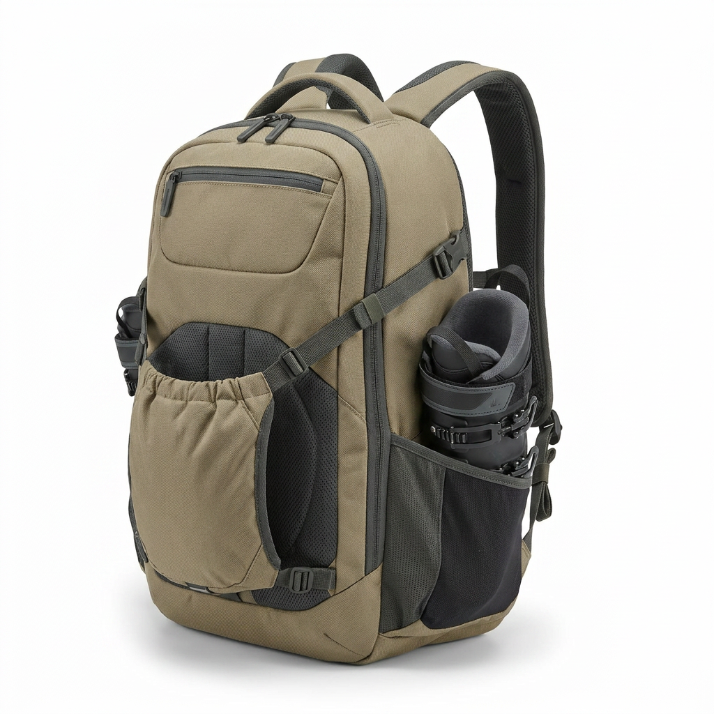 A photorealistic studio product photograph of the khaki Bugatti K&B Sport Tremblant Boot Backpack, angled to the right side on a pure white background with a soft natural shadow.