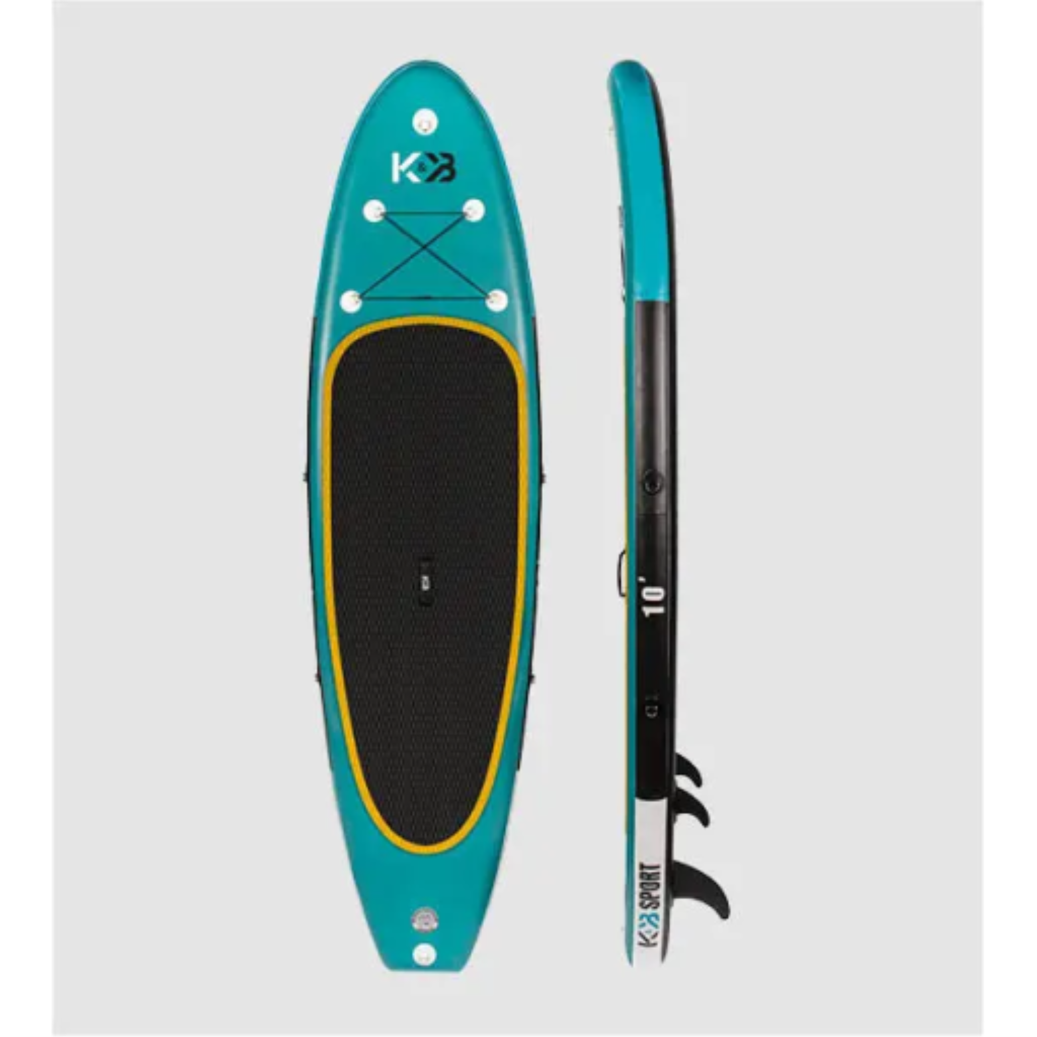 Front and side view of teal K&B Sport 10' inflatable paddle board with black traction pad.