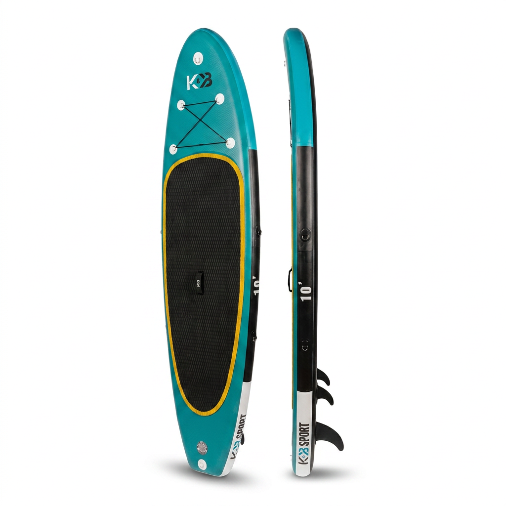 Photorealistic studio view of the teal Bugatti K&B Sport 10' inflatable paddle board, showing its left side, black deck pad, and yellow stripe against a white background.