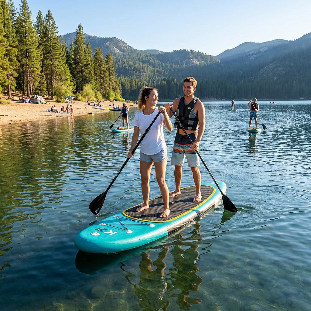 A couple is paddle boarding on a Bugatti K&B Sport Inflatable Paddle Board 10' - Teal on a clear mountain lake.