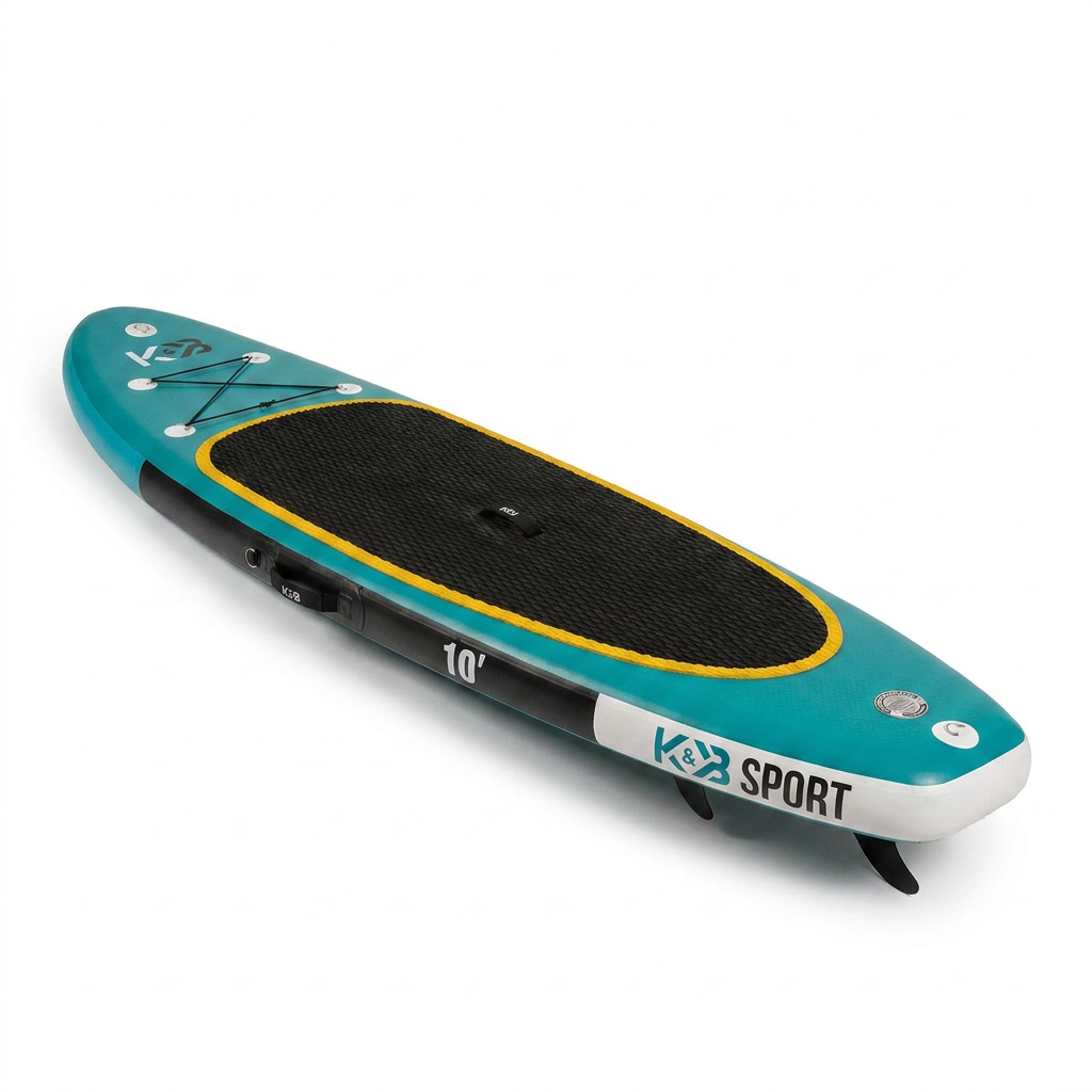 A photorealistic studio advertisement photograph of the teal K&B Sport 10' inflatable paddle board. The board is angled to display the right side and deck pad on a pure white background with a soft shadow.