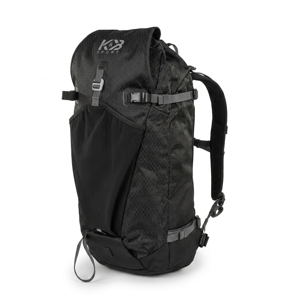 A studio product photograph of the black Bugatti K&B Sport Ski Touring Backpack (BPK5862-BLACK), angled to the left on a pure white background with a soft natural shadow.