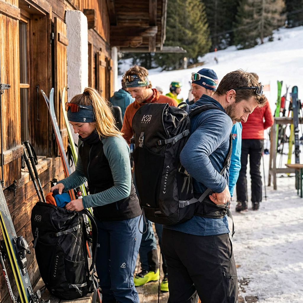 A group of ski tourers prepare outside a mountain hut, with two backpacks from the Bugatti K&B Sport collection visible and being used.