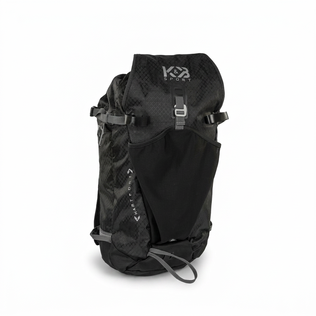 A photorealistic studio product photo of the black Bugatti K&B Sport ski touring backpack, angled to show the right side. It is centered on a pure white background with a soft shadow.