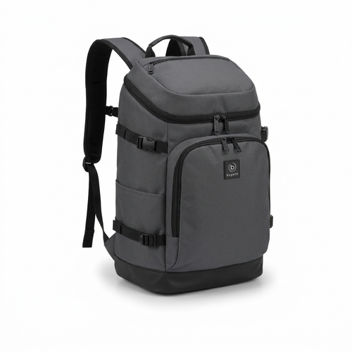 A studio product photograph of the dark grey Bugatti K&B Sport Aspen backpack, featuring black straps and base, angled to show its left side against a pure white background with a soft shadow.