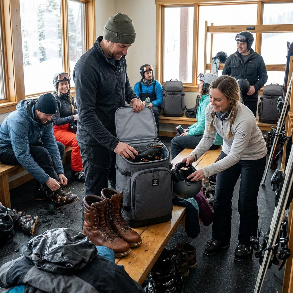 A candid lifestyle photograph in a busy ski lodge shows a couple opening the charcoal Bugatti K&B Sport Aspen Ski Boot Backpack to load ski boots and a helmet.
