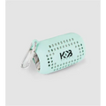 Aqua microfiber sports towel packed in a ventilated silicone carry case with a silver carabiner.